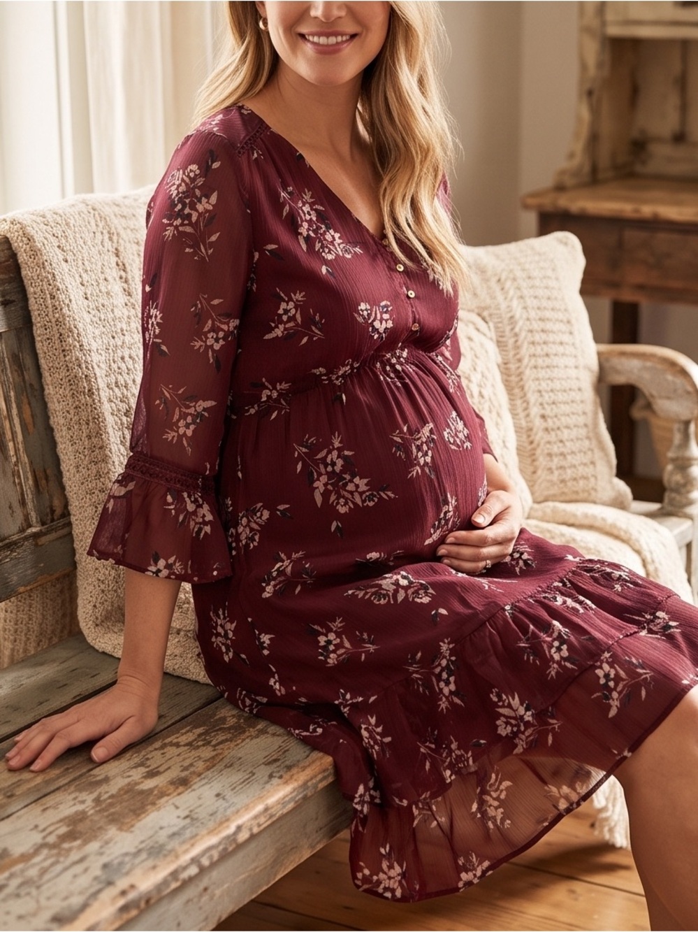 A Pea in the Pod Burgundy Floral Maternity Dress with Ruffle Hem & Weave Details